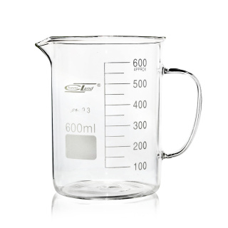 Niedriger Becher mit Griff und Ausguss, 100 ml, Borosilikatglas (BORO 3.3), ISO 3819, DIN 12331