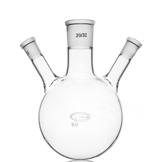 Dreihalsflasche mit rundem Boden und schrägen Seitenhals, 100 ml, Schliffe 29/14/14, GLASSCO, Borosilikatglas (BORO 3.3)