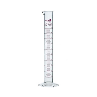 Merací valec z PMP, trieda A, s výlevkou a červenou stupnicou – 100 ml, DIN 12681, ISO 6706