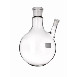 Banka guľatá dvojhrdlová 50 ml, hlavné brúsenie 24/29, bočné 14/23, šikmé bočné hrdlo