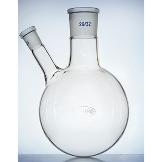Bottiglia a doppio collo con fondo tondo e collo laterale inclinato, 100 ml, giunti 24/29 e 14/23, GLASSCO, vetro borosilicato (BORO 3.3)