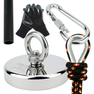 Neodymový magnet 400 kg na magnetický rybolov – set s lanom 25 m, rukavicami a karabínou