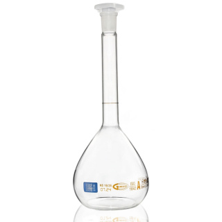 Bicchiere dosatore in vetro, 500 ml, classe A, scala marrone, giunzione smerigliata 19/26, con certificato individuale e codice QR – GLASSCO