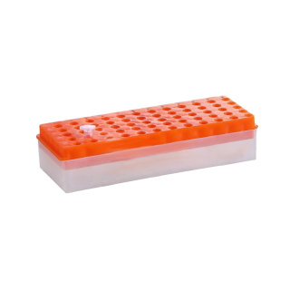 Dvojstranný stojan na skúmavky Eppendorf s krytom, 60 miest, 0,5–2,0 ml, oranžový – PP