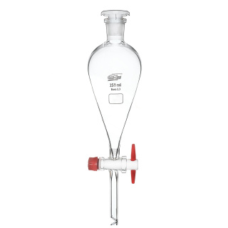 Imbuto separatore conico Squibb, 250 ml, smerigliato 29/32, rubinetto in PTFE, vetro borosilicato (BORO 3.3)