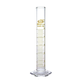 Mérőhenger üveg, 50 ml, B osztály, barna skála, üveg hatszögletű alap