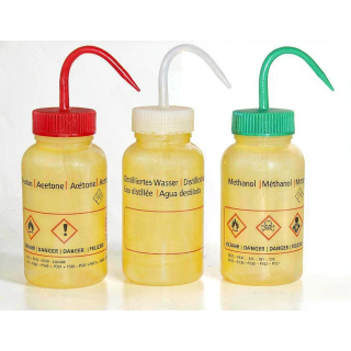 Bottiglia a spruzzo LDPE 250 ml con stampa ETANOLO, bocca larga GL40 – gialla