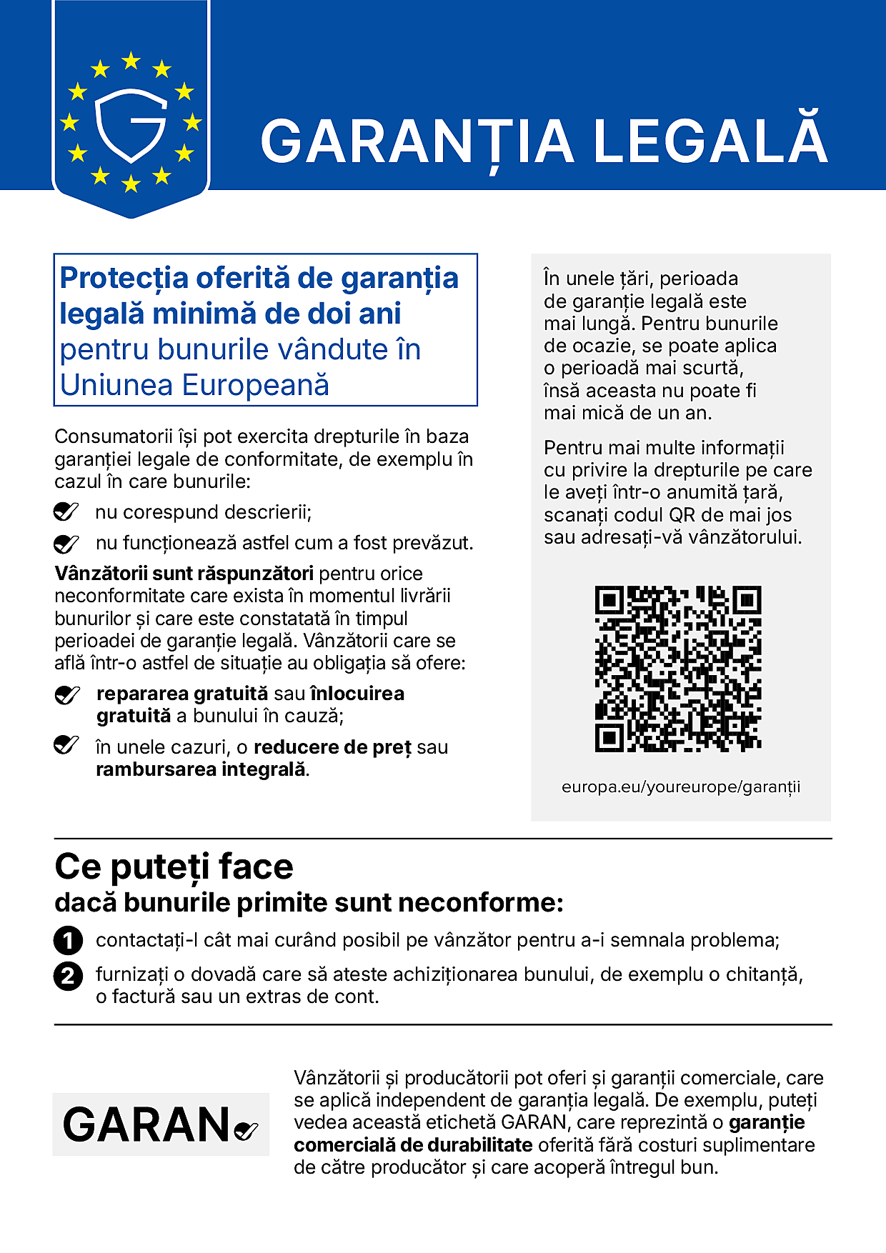 Notificare privind garanția legală